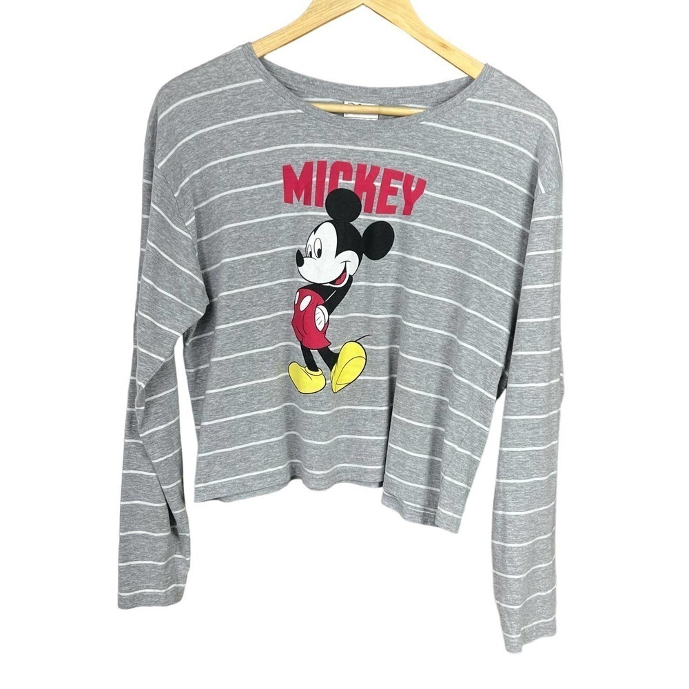 DISNEY Mickey Mouse Cropped Long Sleeve Pullover Gray Stripe Crop Top Large